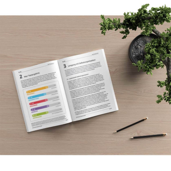 Image of a printed out Myself at Work profile in booklet format lying on a desk with a plant and two pencils